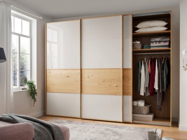 Moderní ložnice BARI 1 bílý dub/sklo champagne