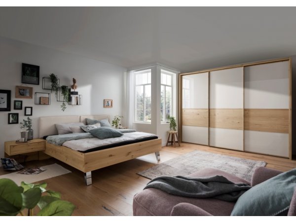 Moderní ložnice BARI 1 bílý dub/sklo champagne