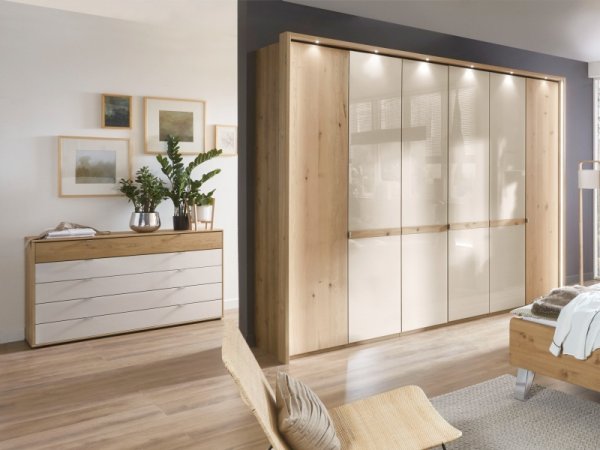 Moderní ložnice BARI 2 bílý dub/sklo champagne