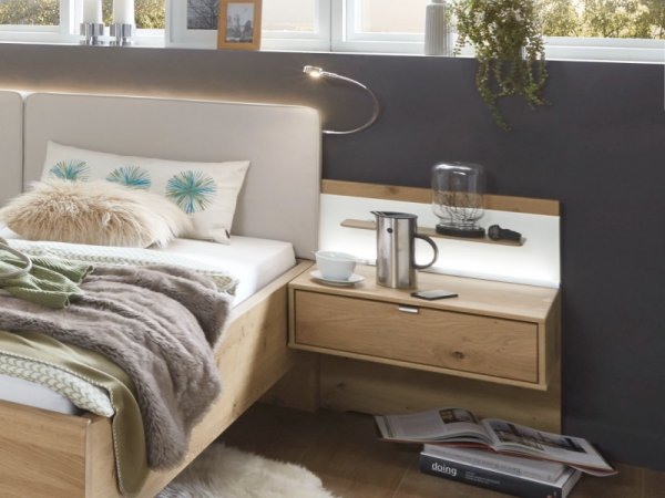 Moderní ložnice BARI 3 bílý dub/sklo champagne