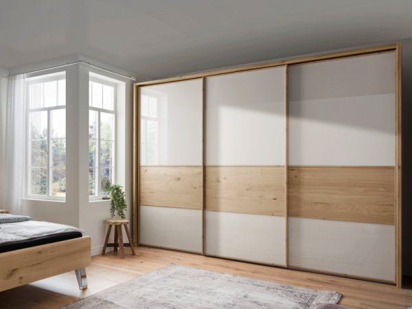 Moderní ložnice BARI 1 bílý dub/sklo champagne