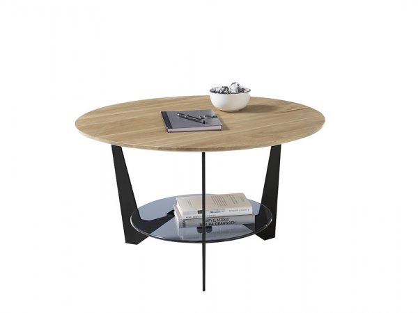 Kulatý konferenční stolek CADIZ dub masiv/sklo