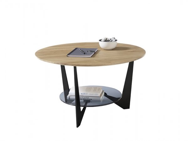 Kulatý konferenční stolek CADIZ dub masiv/sklo