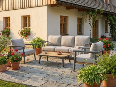 Zahradní lounge set Comillas, pohovka + 2 křesla + stolek, antracit/šedo-béžová – House Nordic