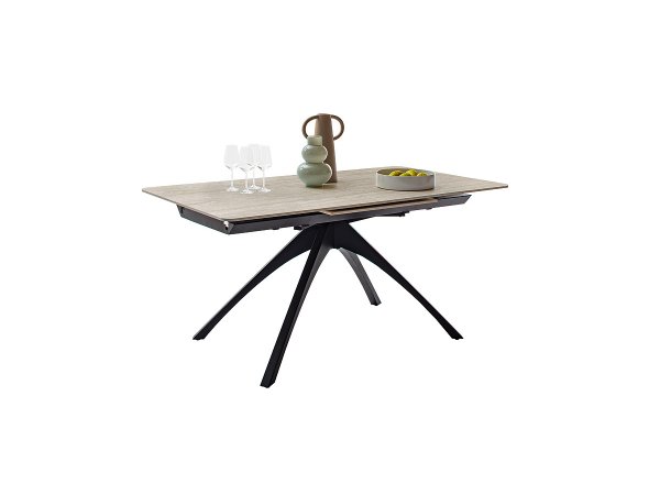 Rozkládací jídelní stůl CERRITO keramika béžový mramor, podnož matná černá 160(220)x76x90