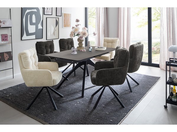 Rozkládací jídelní stůl CERRITO keramika antracitový mramor, podnož matná černá 160(220)x76x90