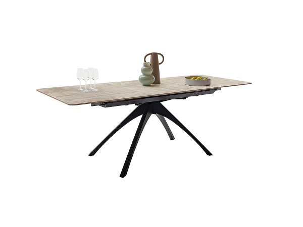 Rozkládací jídelní stůl CERRITO keramika béžový mramor, podnož matná černá 160(220)x76x90