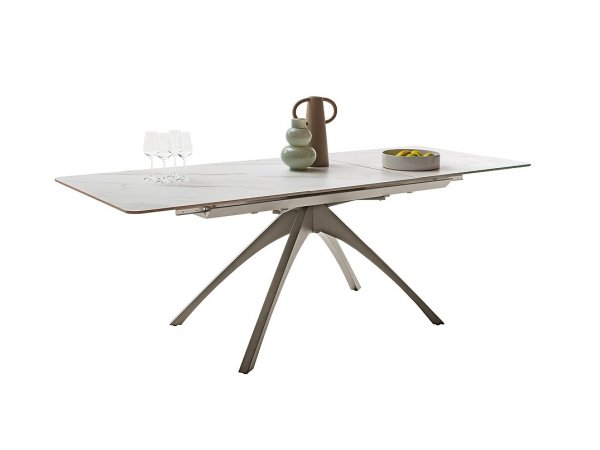 Rozkládací jídelní stůl CERRITO keramika krémový mramor, podnož taupe matný lak 160(220)x76x90