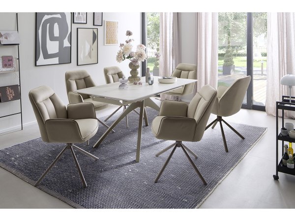 Rozkládací jídelní stůl CERRITO keramika krémový mramor, podnož taupe matný lak 160(220)x76x90