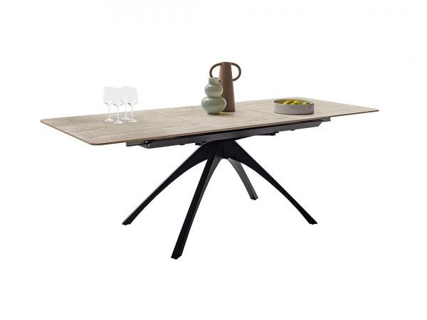 Rozkládací jídelní stůl CERRITO keramika béžový mramor, podnož matná černá 160(220)x76x90