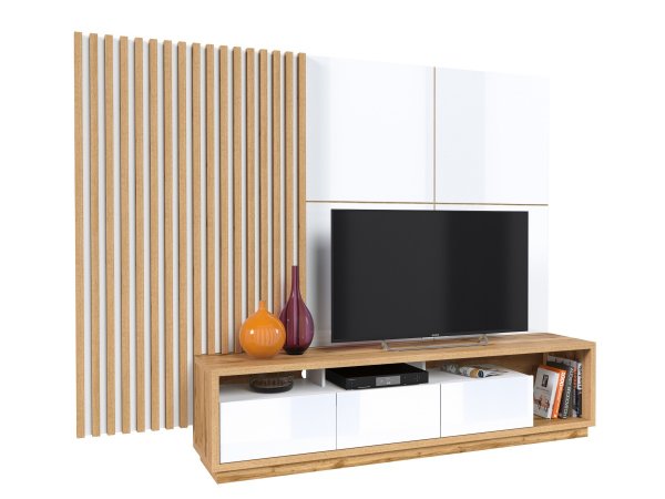 Moderní obývací stěna CELINE 2 dub Wotan/bílý lesk - stylová volba pro Váš domov