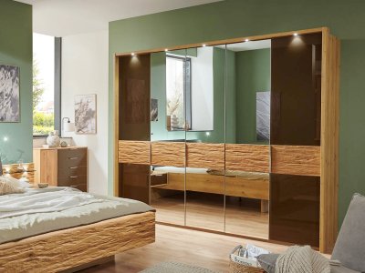 Pětidveřová šatní skříň se zrcadly a rámem CORDOBA, sklo mocca / masiv – 250 cm