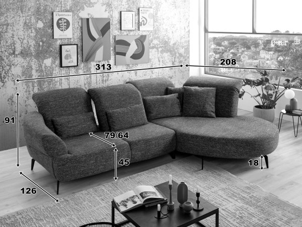 Moderní rohová sedací souprava s nastavitelnou hloubkou sedáku DANCE