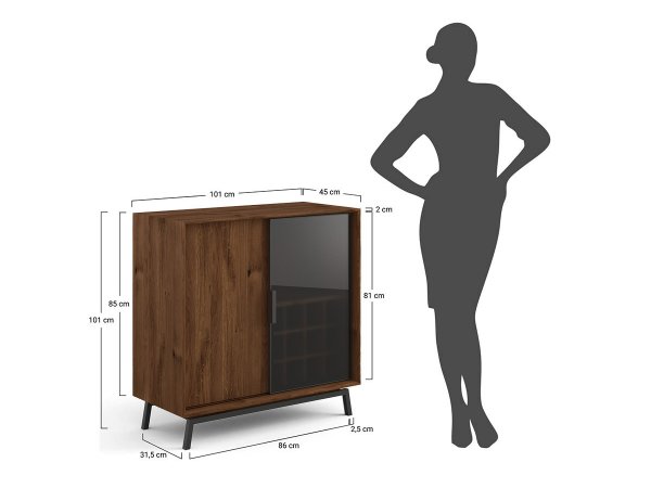 Dubová komoda LOFT s barem a proskleným čelem, tabák