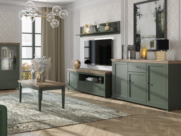 Komoda do obývacího pokoje ve venkovském stylu EVORA typ 47 zelená/dub lefkas