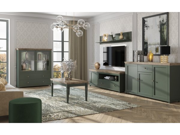 Komoda s vitrínou do obývacího pokoje ve venkovském stylu EVORA typ 46 zelená/dub lefkas