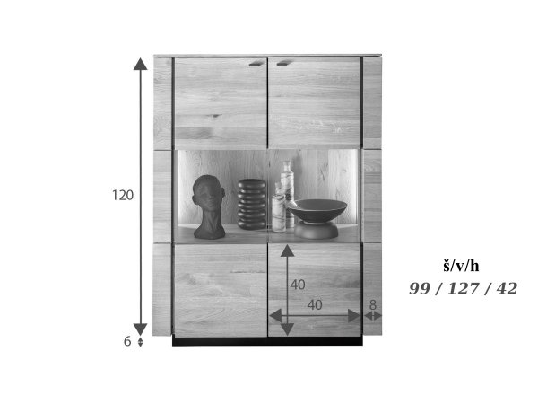 Komoda s vitrínou I z dubového masivu KARIS dub divoký 100% masiv