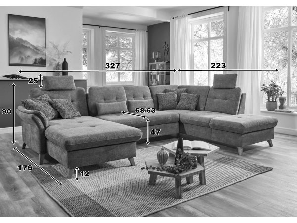 Rohová sedací souprava do tvaru U s nastavitelnou hloubkou sedáku HEDEN