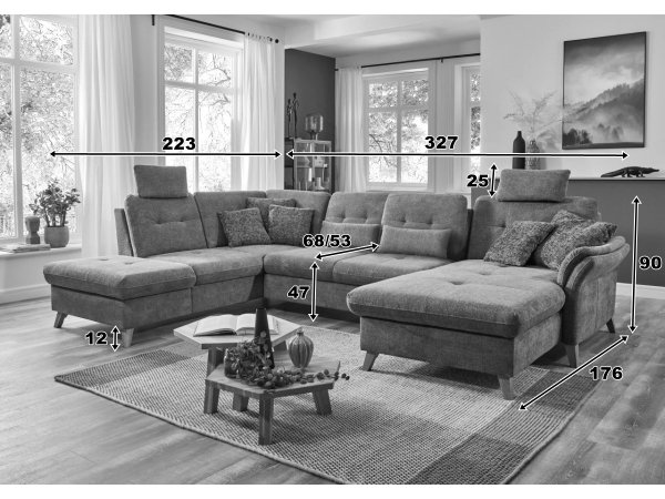 Rohová sedací souprava do tvaru U s nastavitelnou hloubkou sedáku HEDEN