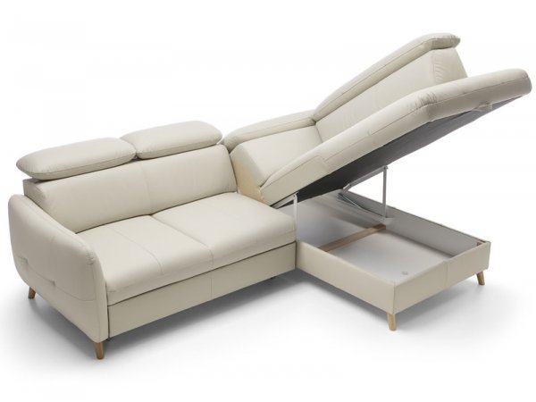 Malá kožená rohová rozkládací sedací souprava LUGO s nastavitelnými opěrkami hlavy