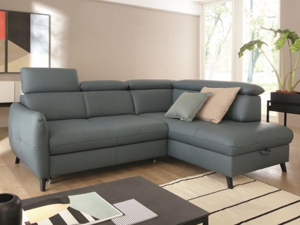 Malá kožená rohová rozkládací sedací souprava LUGO s nastavitelnými opěrkami hlavy