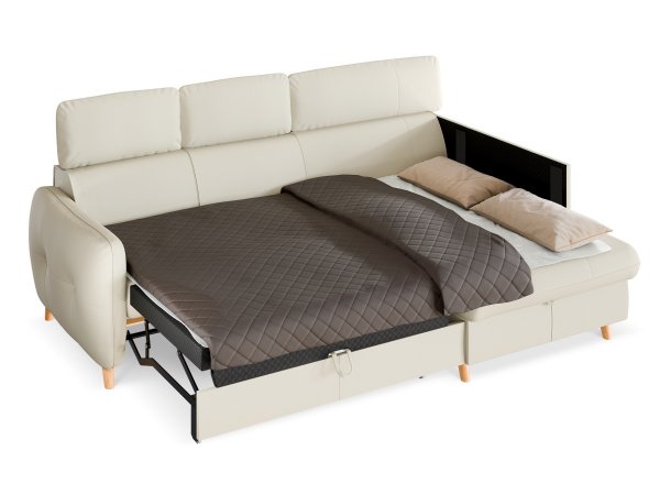 Malá kožená rohová rozkládací sedací souprava LUGO s nastavitelnými opěrkami hlavy