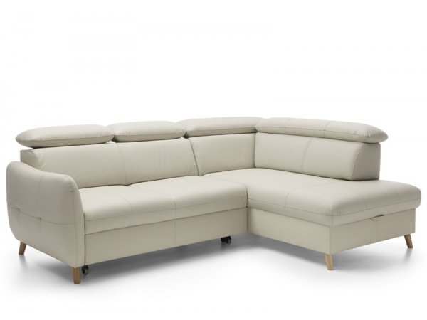 Malá kožená rohová rozkládací sedací souprava LUGO s nastavitelnými opěrkami hlavy