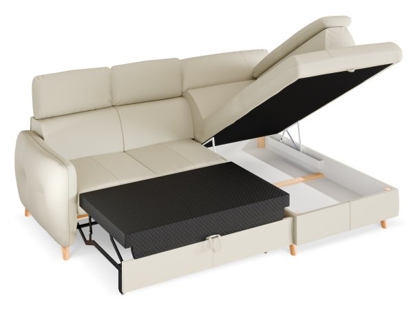Malá kožená rohová rozkládací sedací souprava LUGO s nastavitelnými opěrkami hlavy