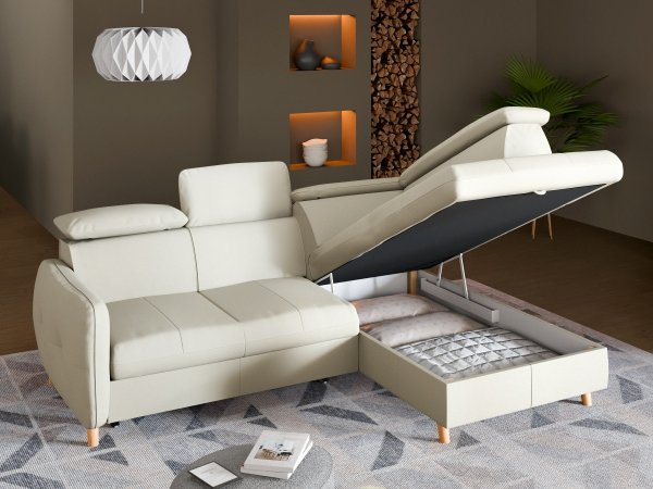 Malá kožená rohová rozkládací sedací souprava LUGO s nastavitelnými opěrkami hlavy