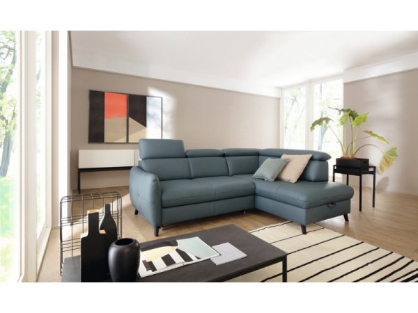 Malá kožená rohová rozkládací sedací souprava LUGO s nastavitelnými opěrkami hlavy