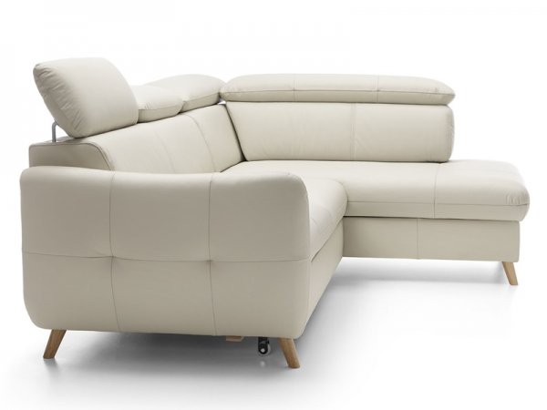 Malá kožená rohová rozkládací sedací souprava LUGO s nastavitelnými opěrkami hlavy