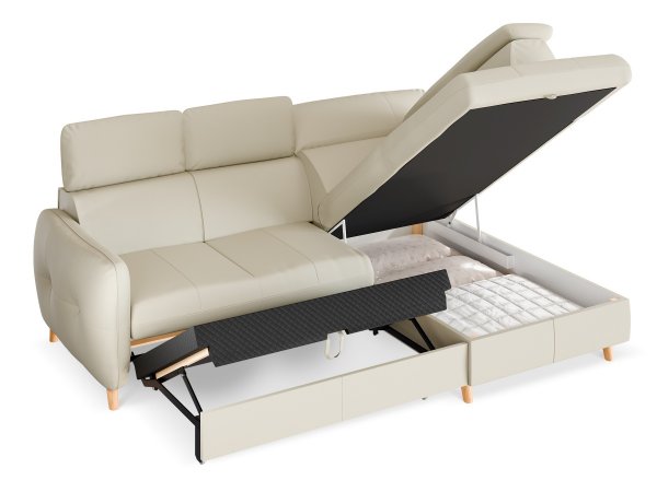 Malá kožená rohová rozkládací sedací souprava LUGO s nastavitelnými opěrkami hlavy