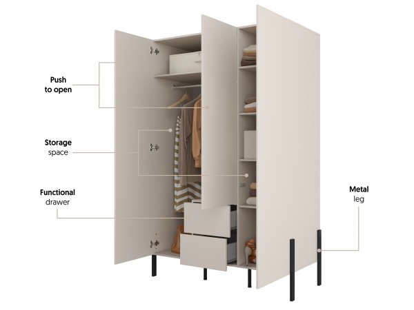 Šatní skříň (typ 19) JUKON 3-dvéřová cashmere/černé kovové nohy