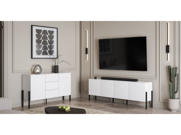 Televizní komoda (typ 25) JUKON bílá supermatt/černé kovové nohy