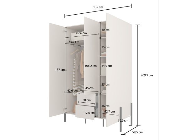 Šatní skříň (typ 19) JUKON 3-dvéřová cashmere/černé kovové nohy