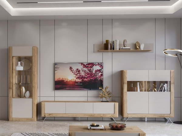 Nábytek do obývacího pokoje KASAI 2 zlatý dub Harbor/kašmír