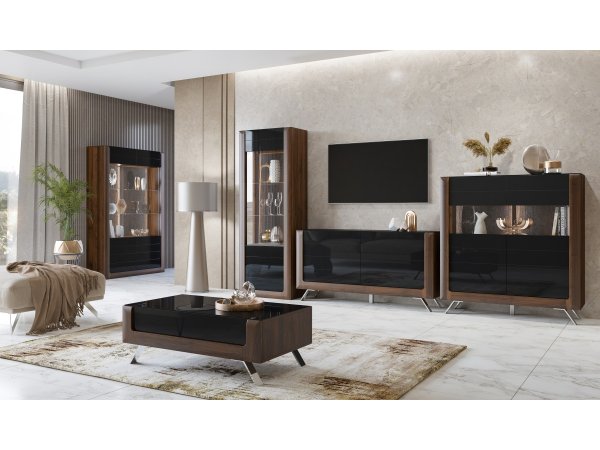Nábytek do obývacího pokoje KASAI ořech Columbia/černý lesk