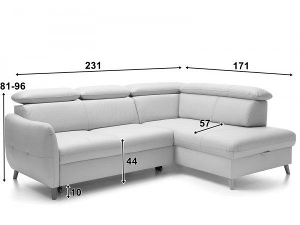 Malá kožená rohová rozkládací sedací souprava LUGO s nastavitelnými opěrkami hlavy