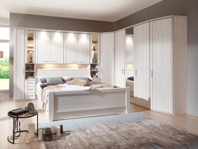 Moderní ložnice s nástavbou nad postelí LUXOR 3 polární modřín