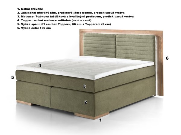 Postel boxspring včetně LED osvětlení MARCEL dub masiv