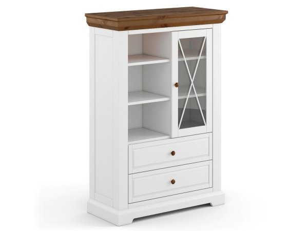 Komoda s vitrínou (typ 04) RONE borovice masiv bílá/tabák