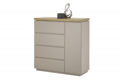 Komoda PALAMOS, 1-dvéřová, 4 zásuvky, šedý matný lak/masivní akácie