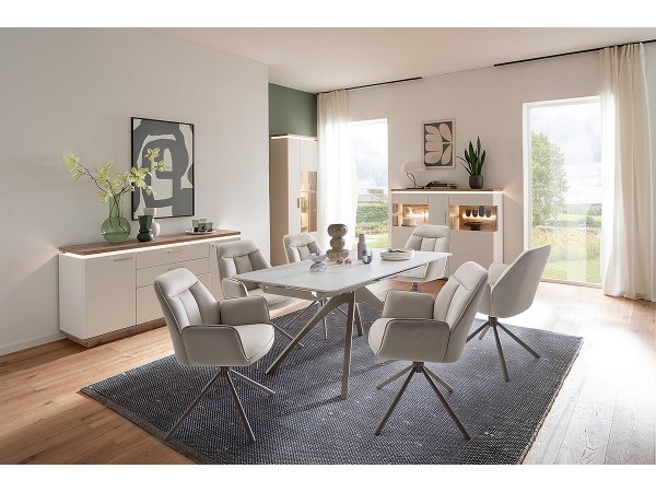 Rozkládací jídelní stůl CERRITO keramika krémový mramor, podnož taupe matný lak 160(220)x76x90