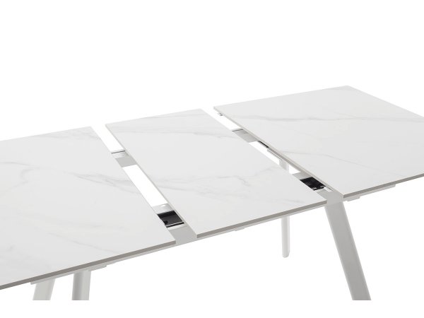 Rozkládací jídelní stůl PARENZO keramika bílý mramor, podnož bílá matná 140(180)x90