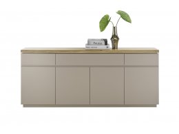 Komoda PALAMOS, 4-dvéřová, 3 zásuvky béžovošedý matný lak/masivní akácie