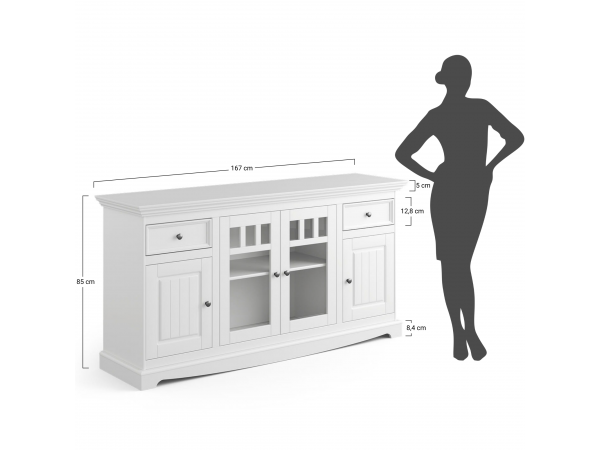 Komoda 4-dvéřová s vitrínou LUNO bílá/ořech