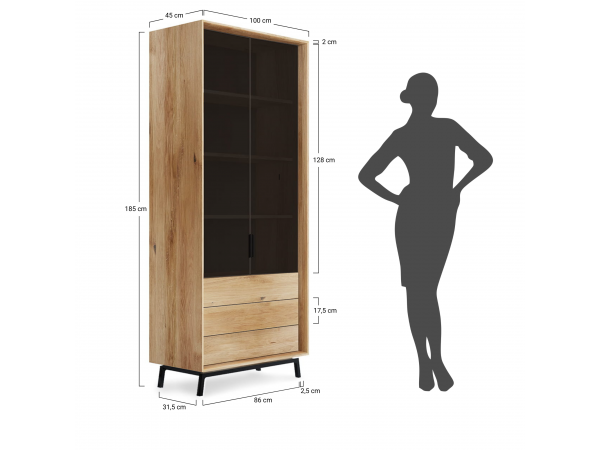 Dubová vitrína LOFT s proskleným čelem
