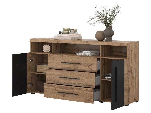 Komoda do obývacího pokoje (typ 25) ROGER dub wotan/černý mat