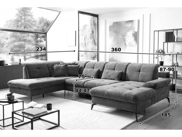 Rohová sedací souprava do tvaru U s nastavitelnou hloubkou sedáku AMICA