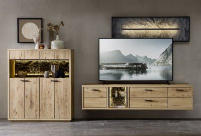 Obývací sestava ROCA, masivní dub bianco a optika kamene